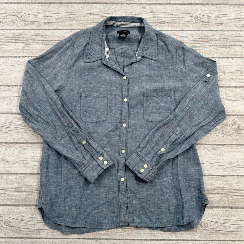 Lord & Taylor Shirt Women's Large Blue Linen Button Down Long Sleeve Western